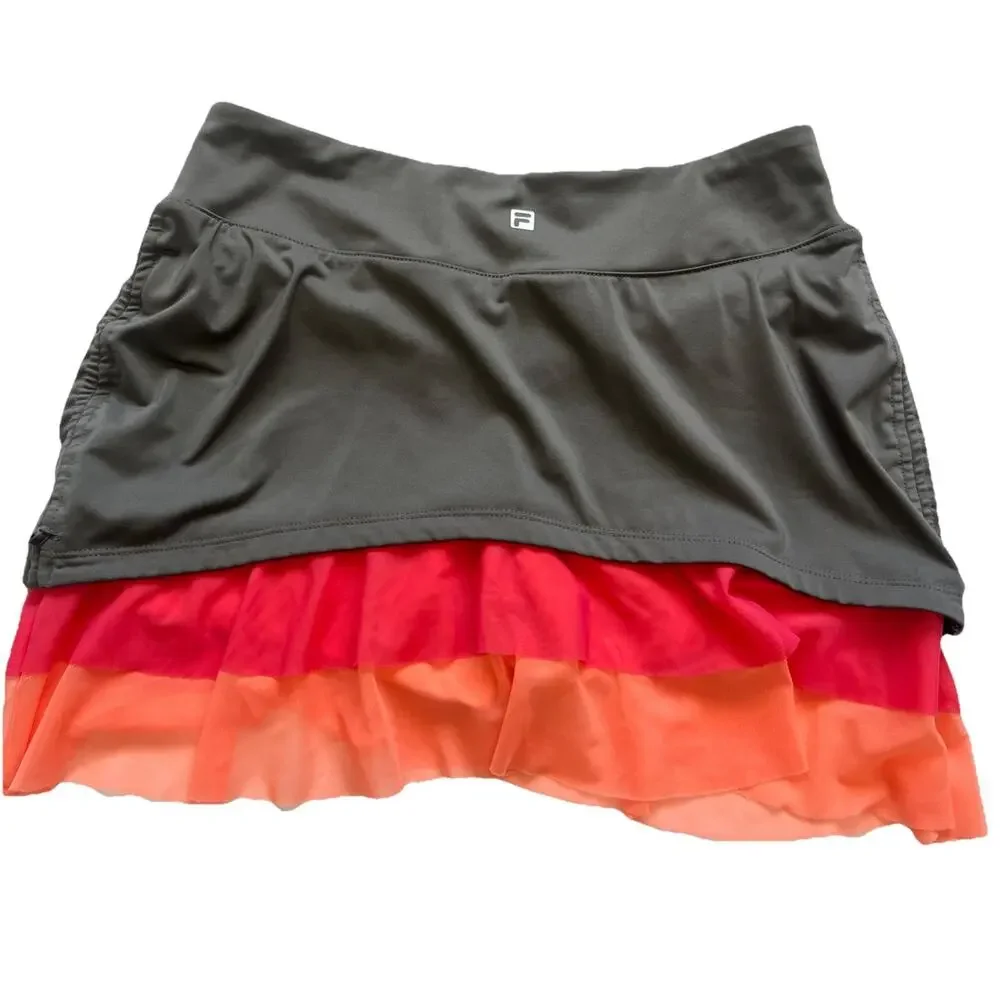 Fila Skort Skirt Womens Small Gray Orange Mesh Ruched Sides Athletic Golf Tennis
